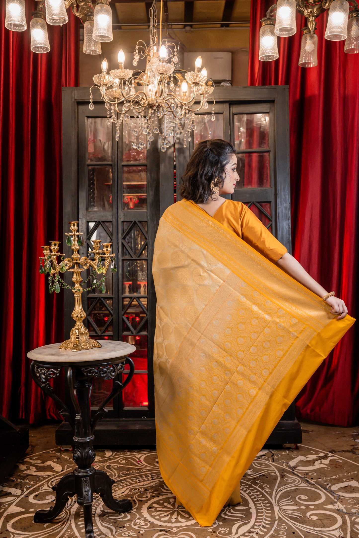 Beige Matka Silk with all over tree motif in Zari and mustard yellow highlights & border