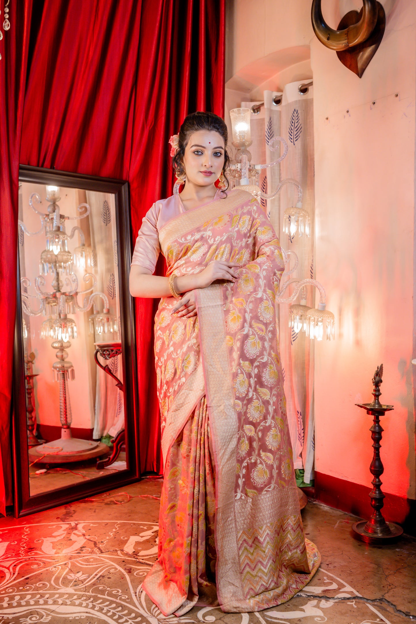 Salmon Pink Khaddi Georgette with Multi-colour Phekwa Rifling Handbrush