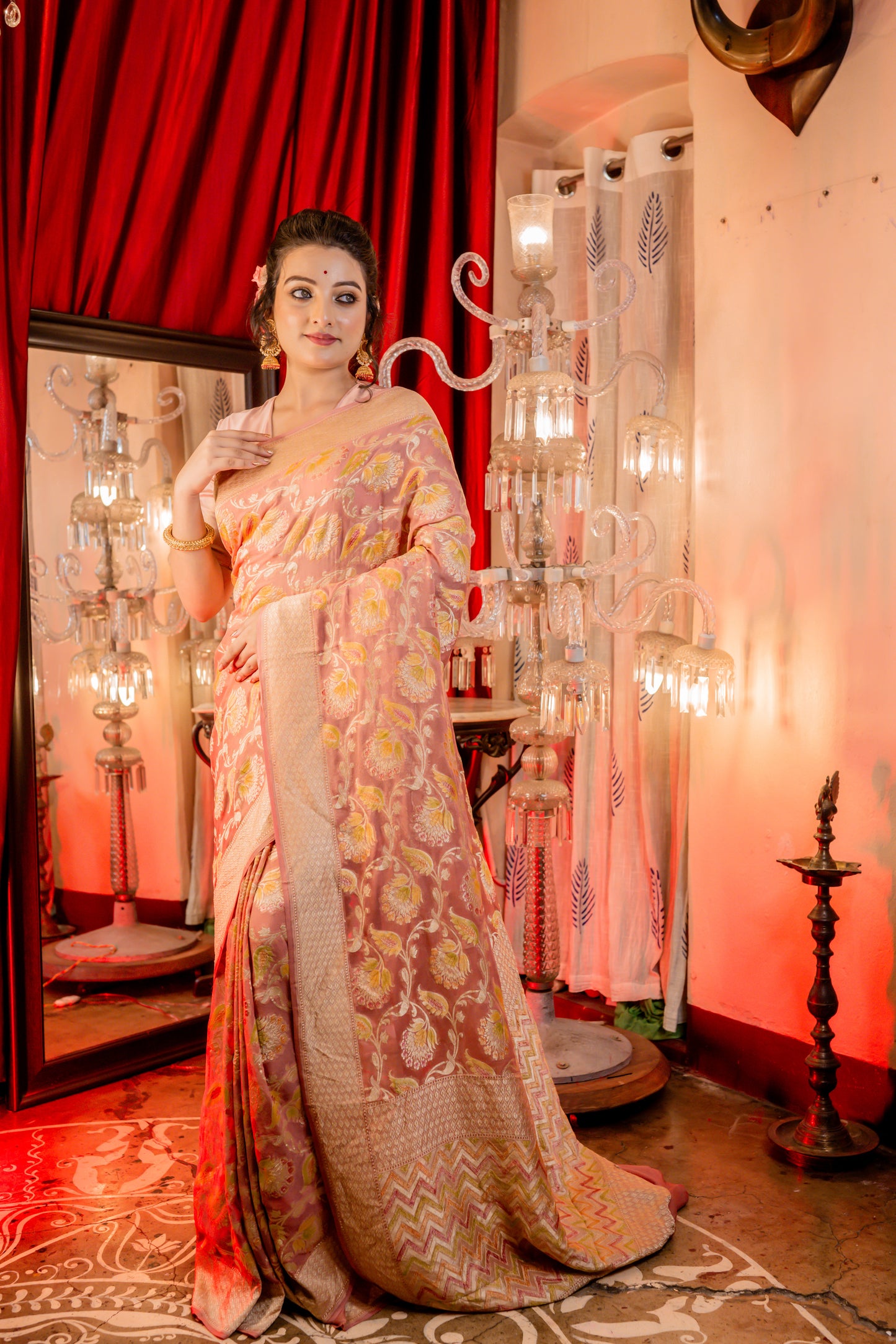 Salmon Pink Khaddi Georgette with Multi-colour Phekwa Rifling Handbrush