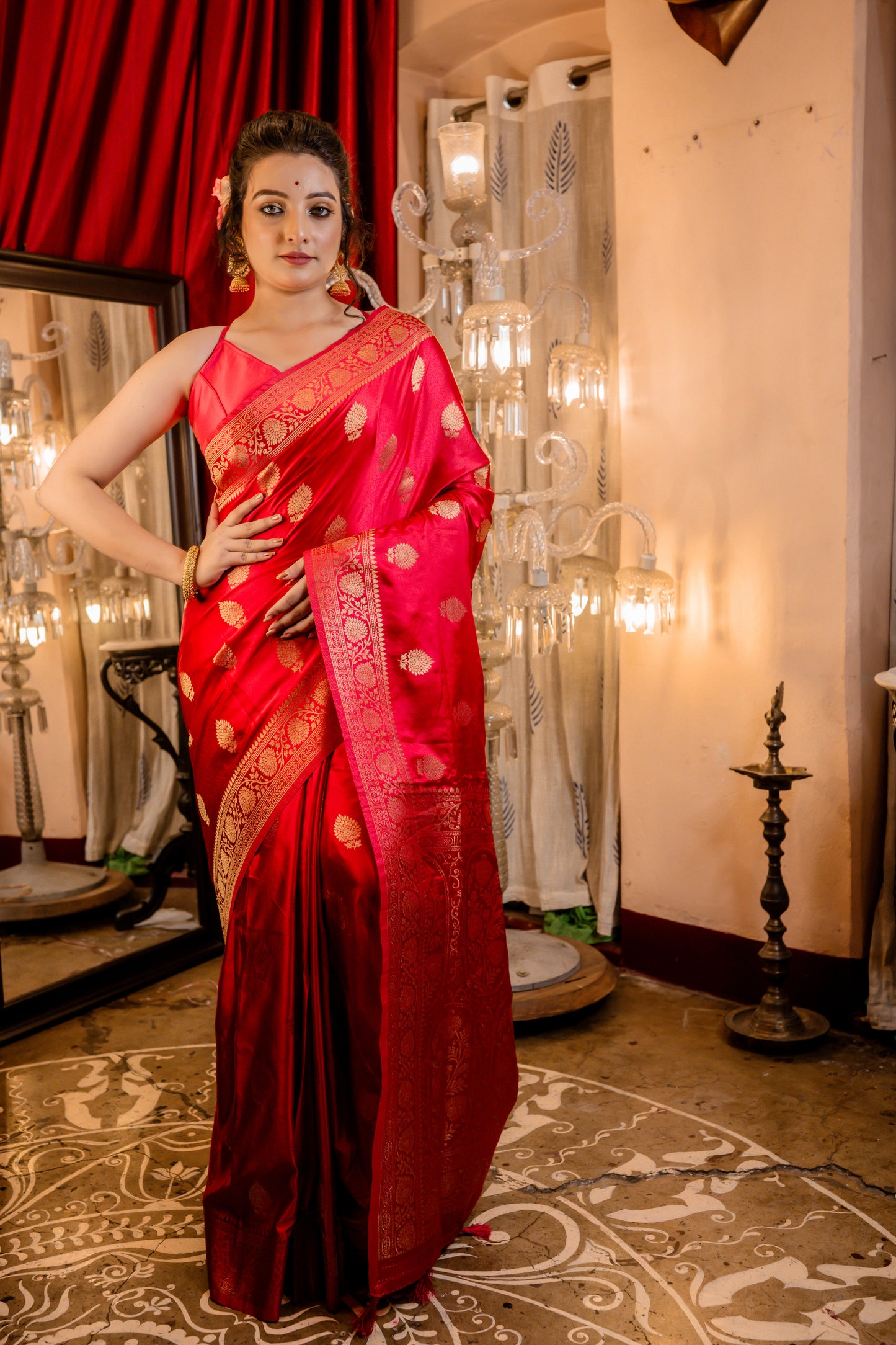 Ruby Red Satin Silk with Antique Zari Buta