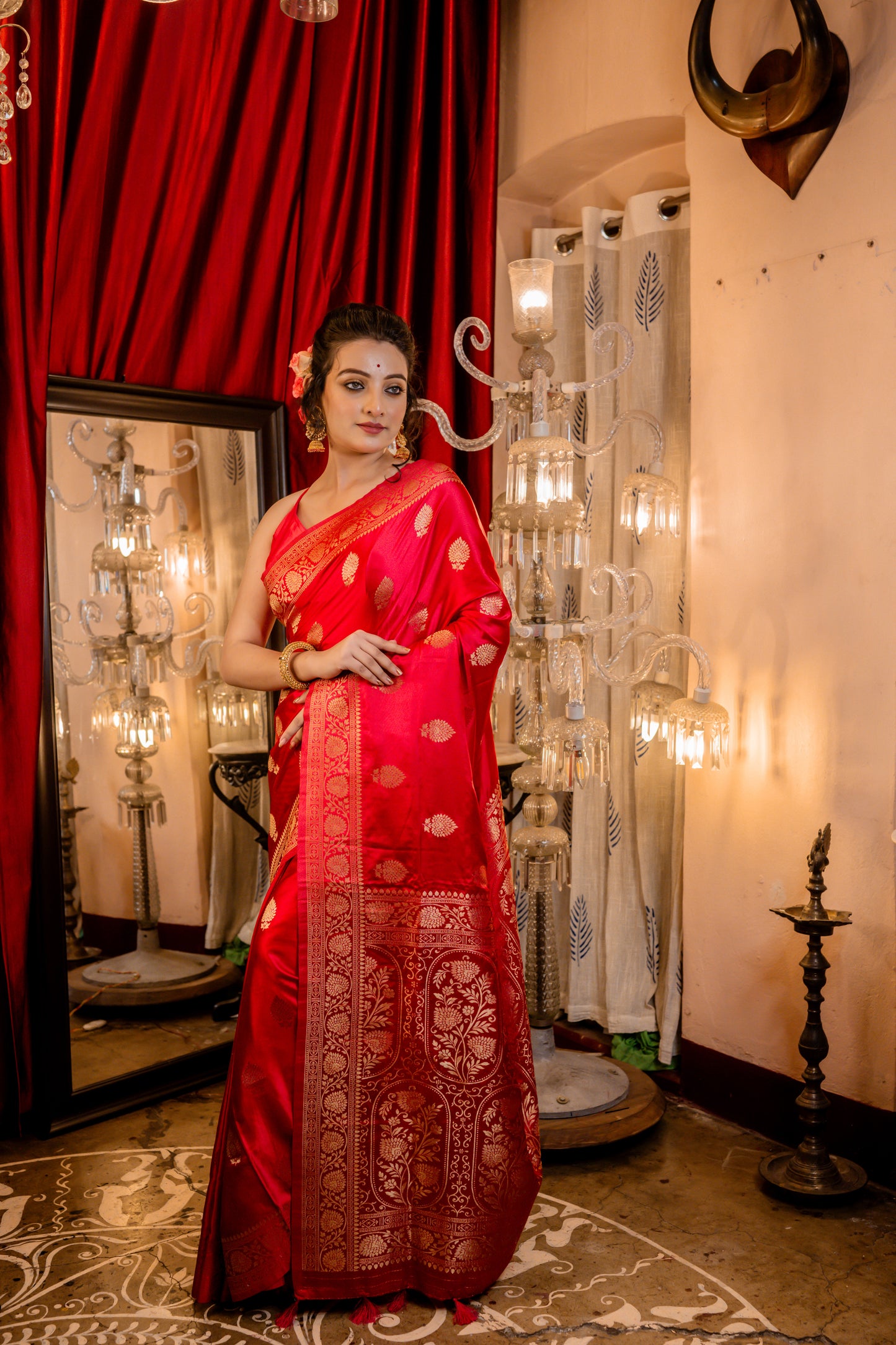 Ruby Red Satin Silk with Antique Zari Buta