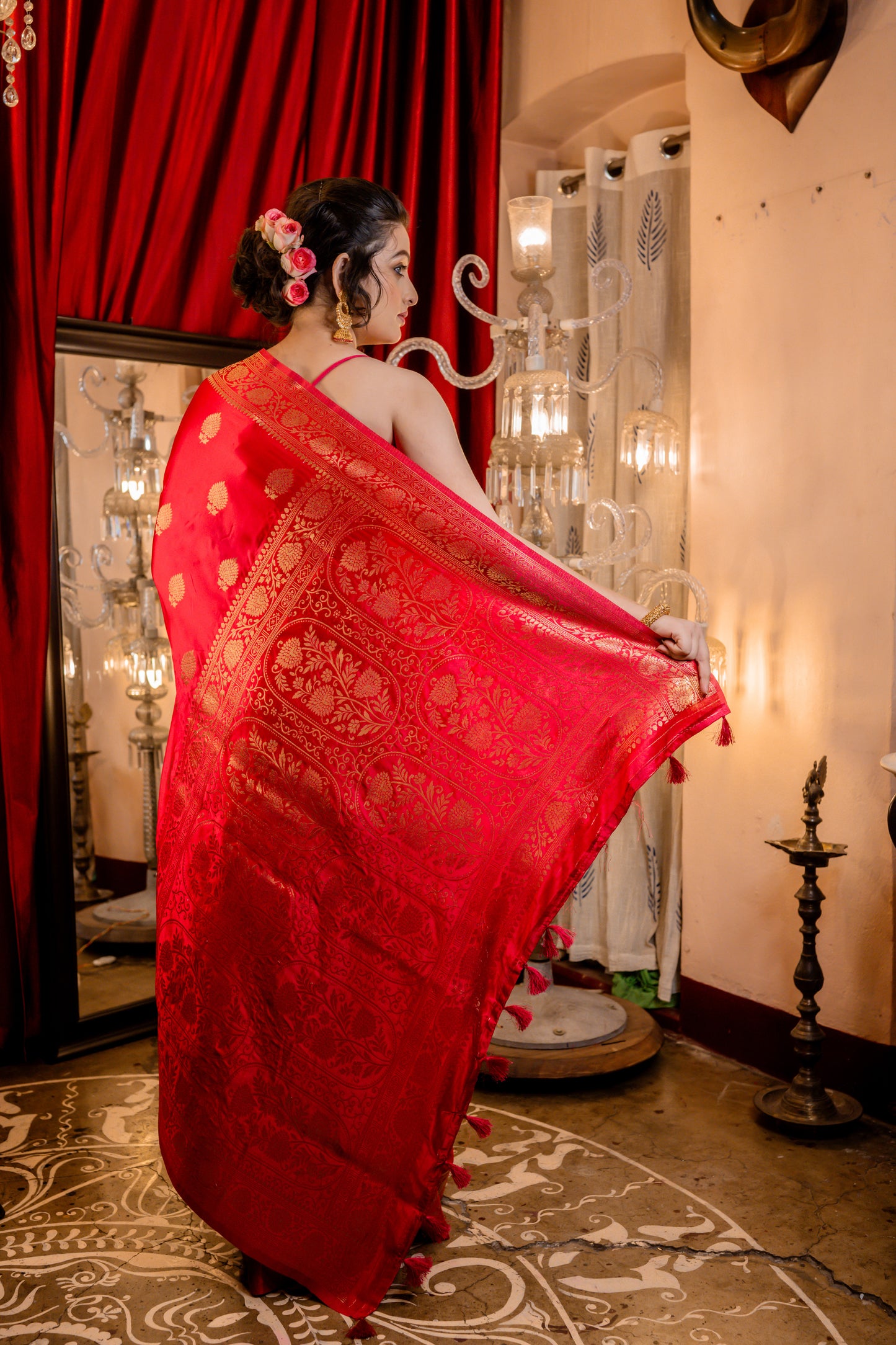 Ruby Red Satin Silk with Antique Zari Buta