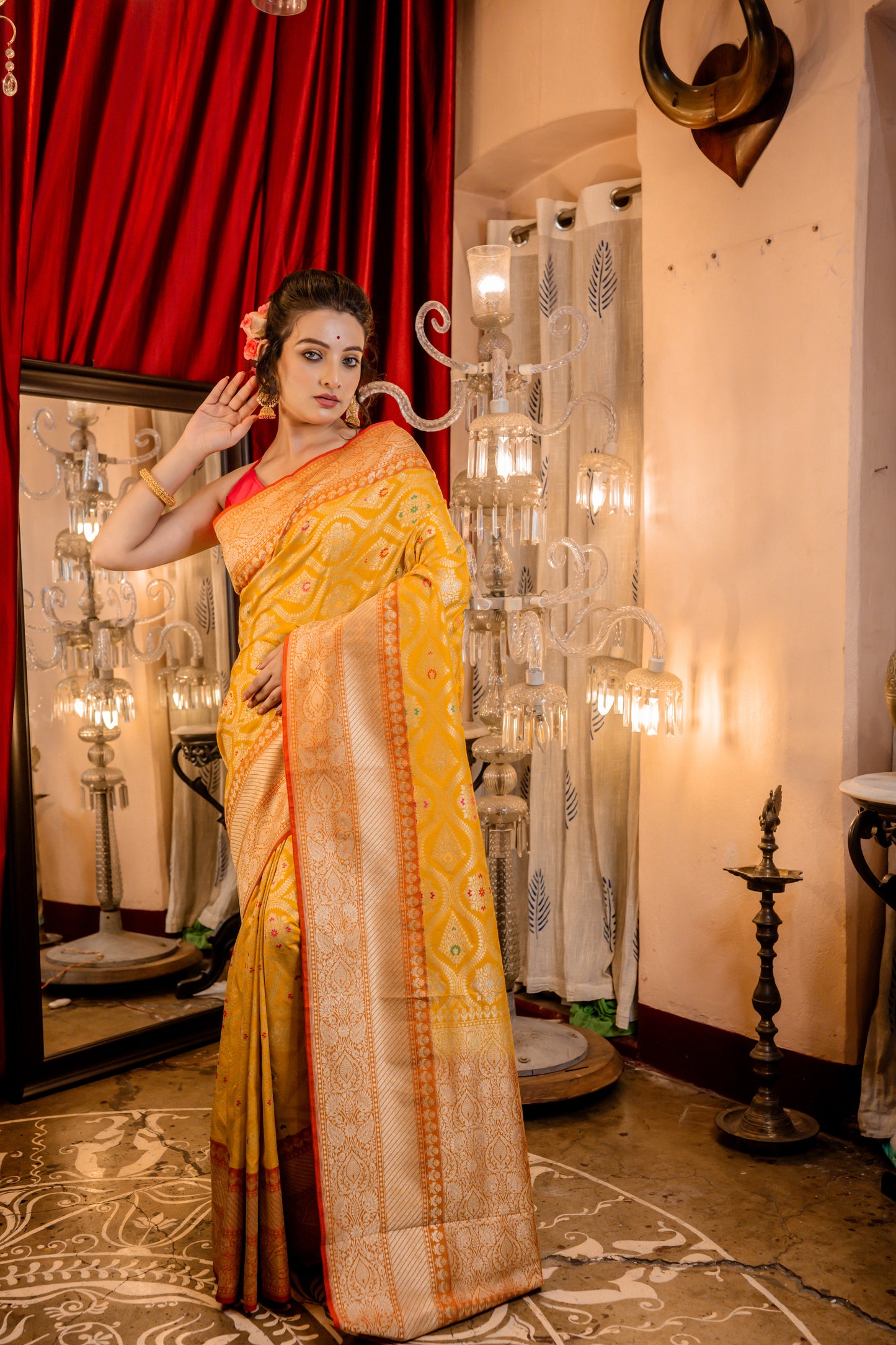 Mustard Yellow Matka Silk with all over Jaal and Meenakri Buta with Dusty Orange border