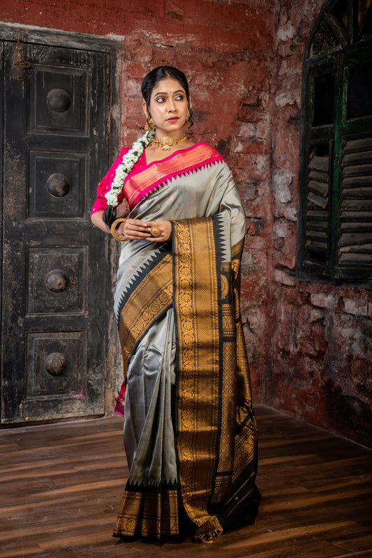 Steel Grey Pure Silk Gadwal with Magenta Pink & Black 'Ganga Jamuna' Temple Border and Black & Zari Pallu