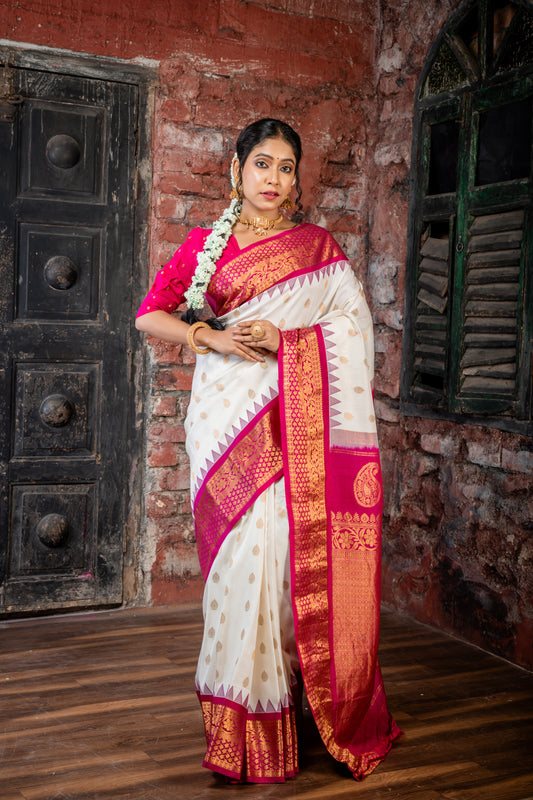 Pearl White Pure Silk Gadwal with Magenta Pink & Zari Border and Pallu