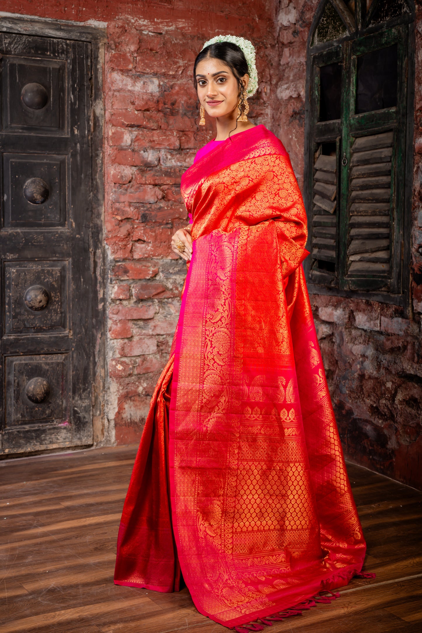 Red and All Over Zari Pure Silk Gadwal with Hot Pink Border and Pallu