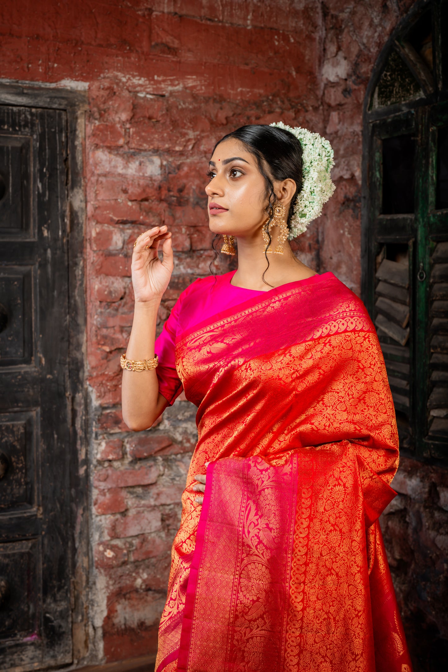 Red and All Over Zari Pure Silk Gadwal with Hot Pink Border and Pallu