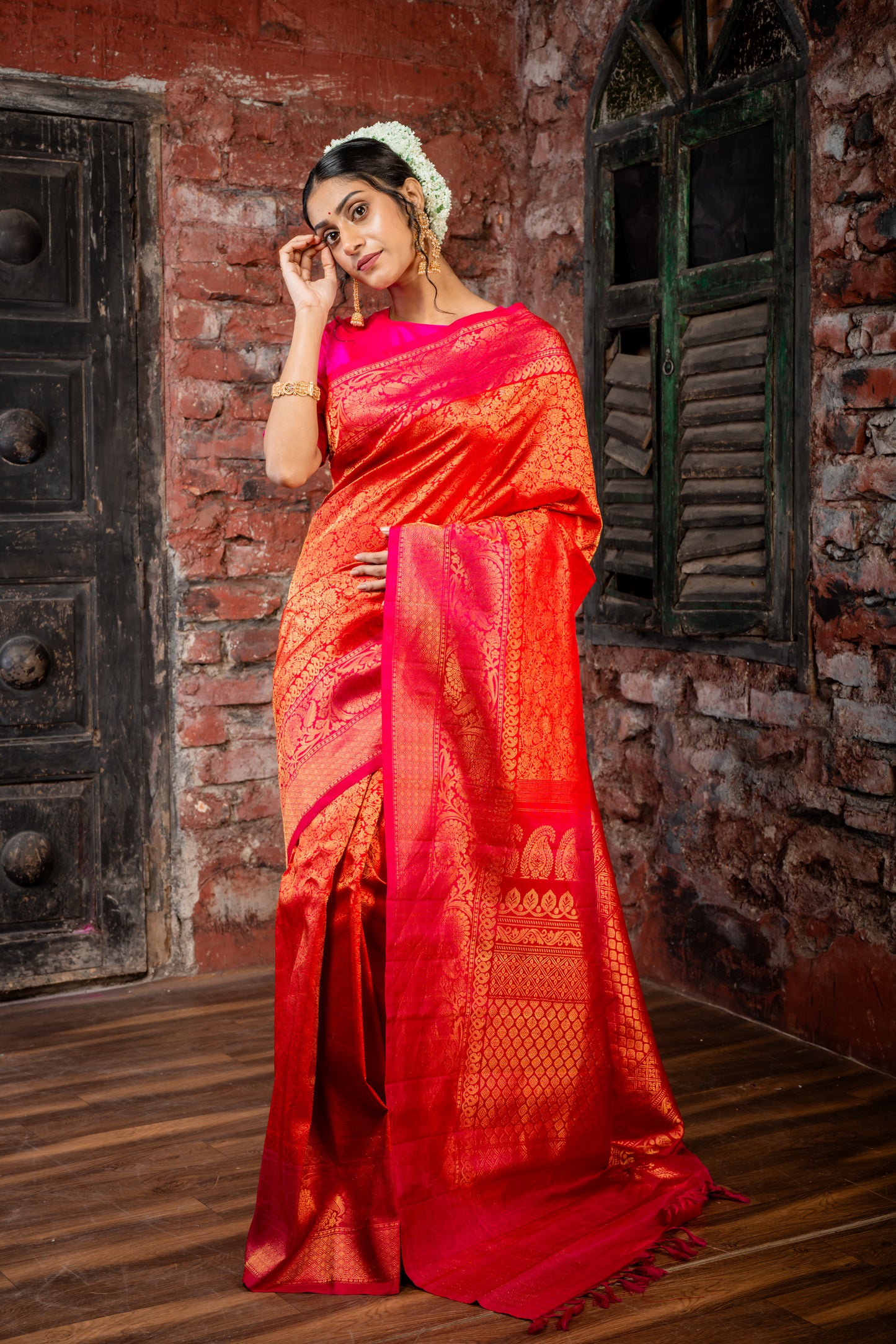 Red and All Over Zari Pure Silk Gadwal with Hot Pink Border and Pallu