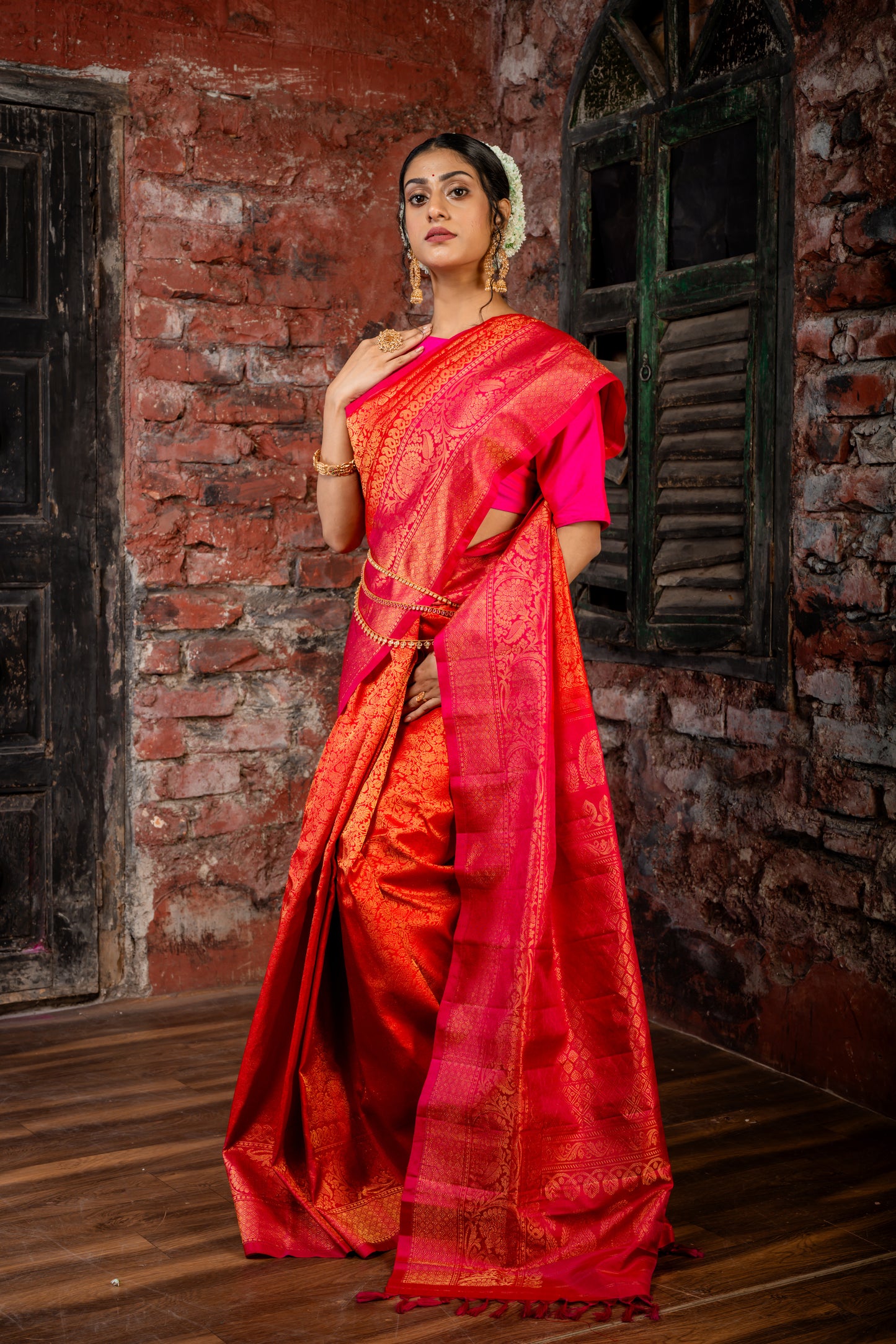 Red and All Over Zari Pure Silk Gadwal with Hot Pink Border and Pallu