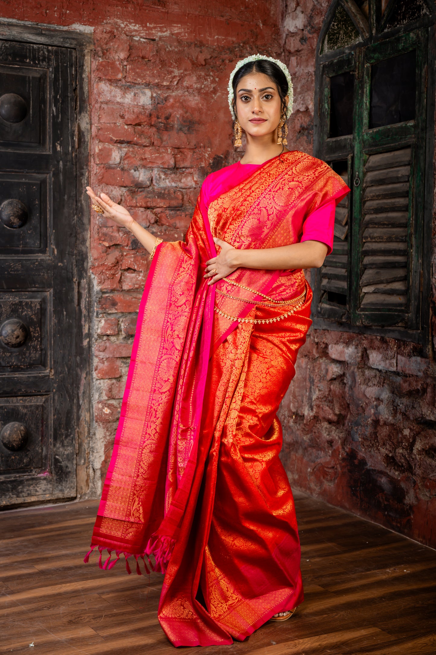 Red and All Over Zari Pure Silk Gadwal with Hot Pink Border and Pallu