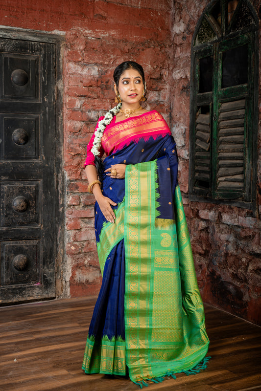 Deep Blue Pure Silk Gadwal with Magenta Pink, Parrot Green & Zari Border and Pallu