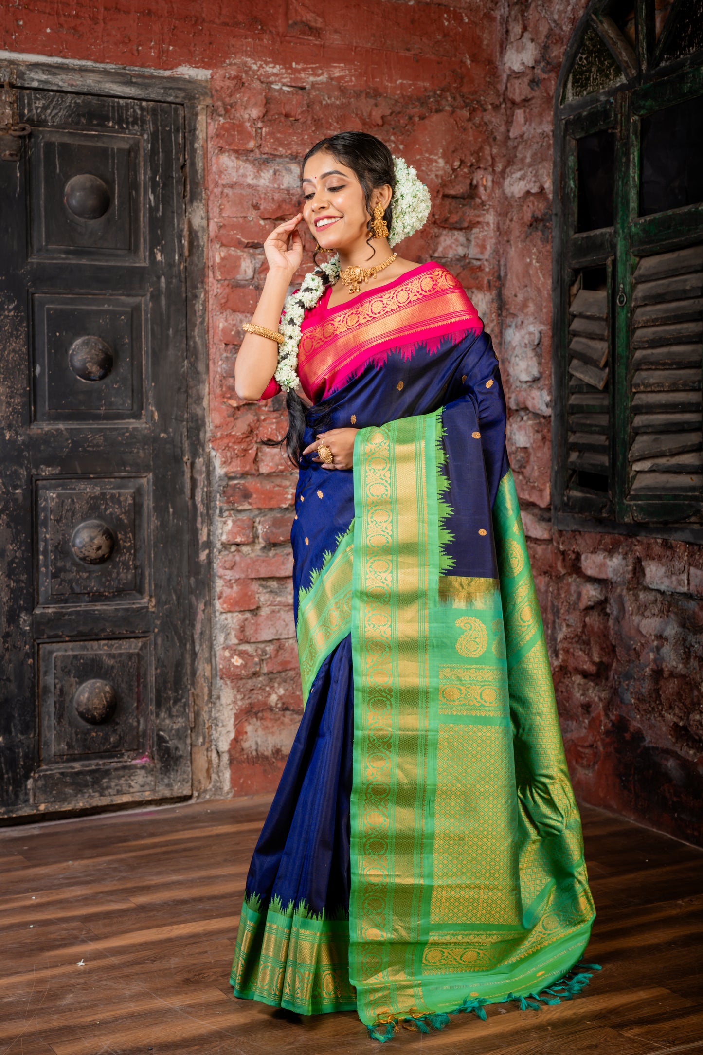 Deep Blue Pure Silk Gadwal with Magenta Pink, Parrot Green & Zari Border and Pallu