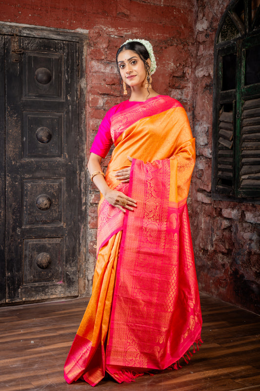 Mango Yellow Pure Silk Gadwal with All Over Zari, Hot Pink Border and Pallu