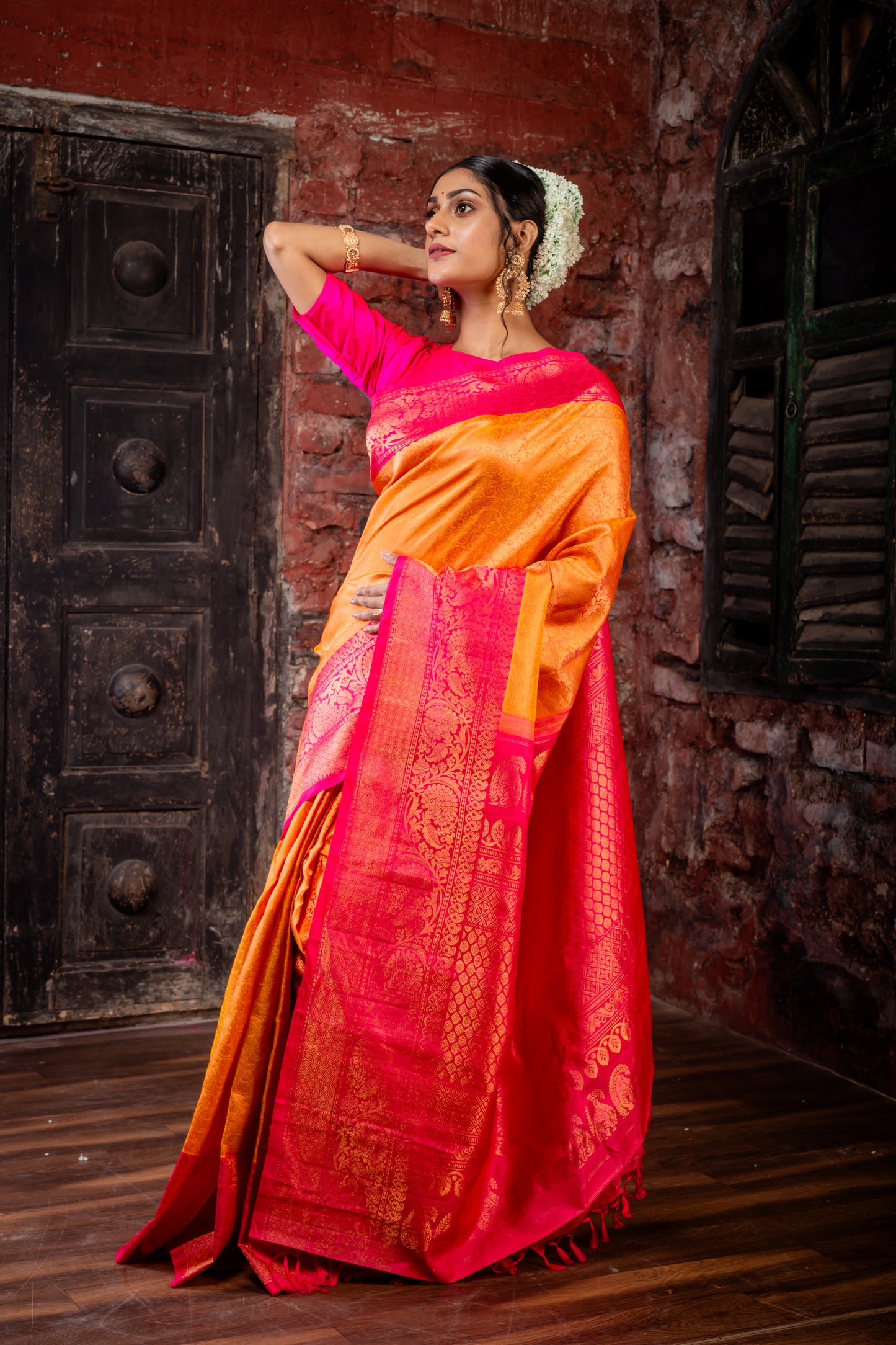 Mango Yellow Pure Silk Gadwal with All Over Zari, Hot Pink Border and Pallu