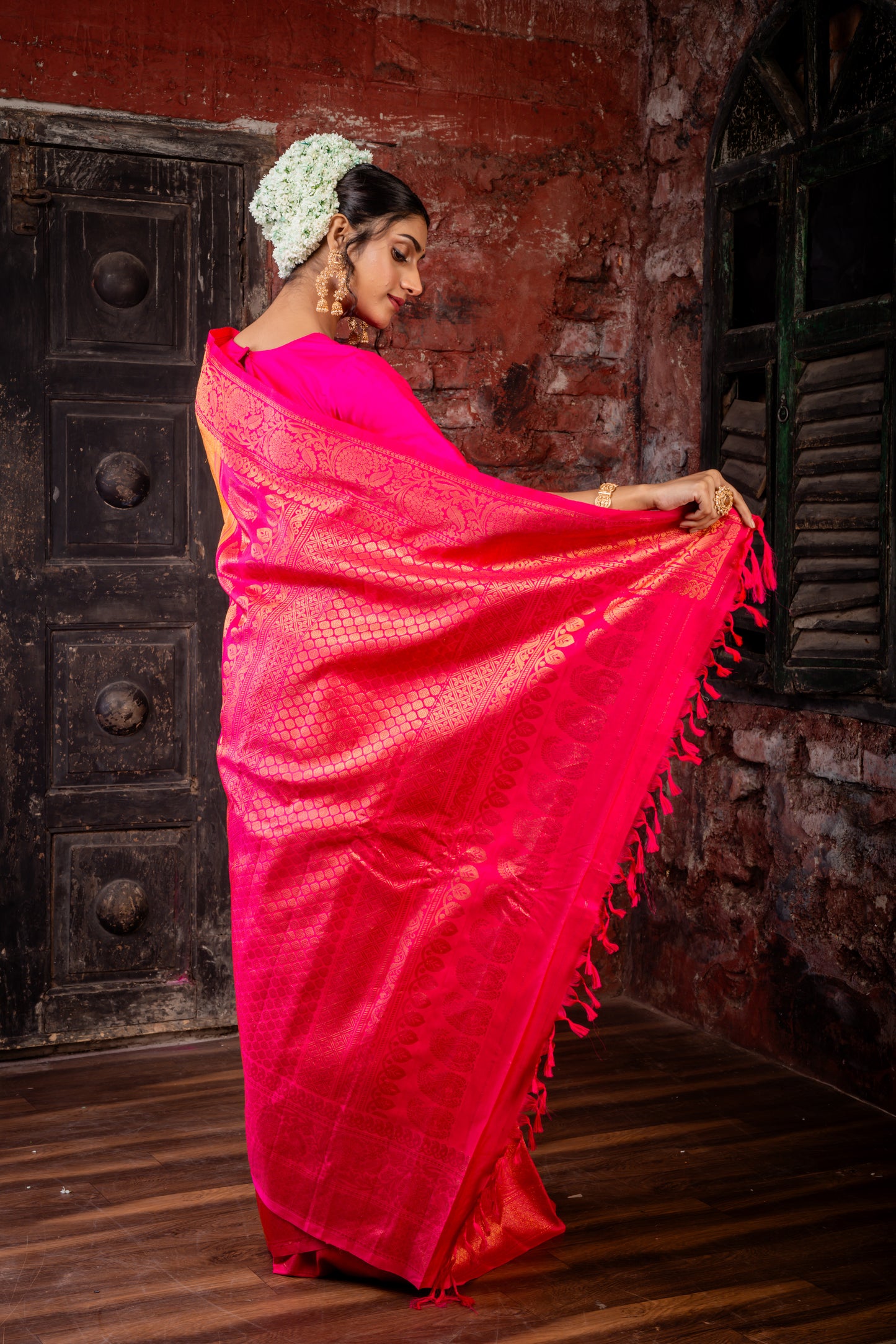 Mango Yellow Pure Silk Gadwal with All Over Zari, Hot Pink Border and Pallu