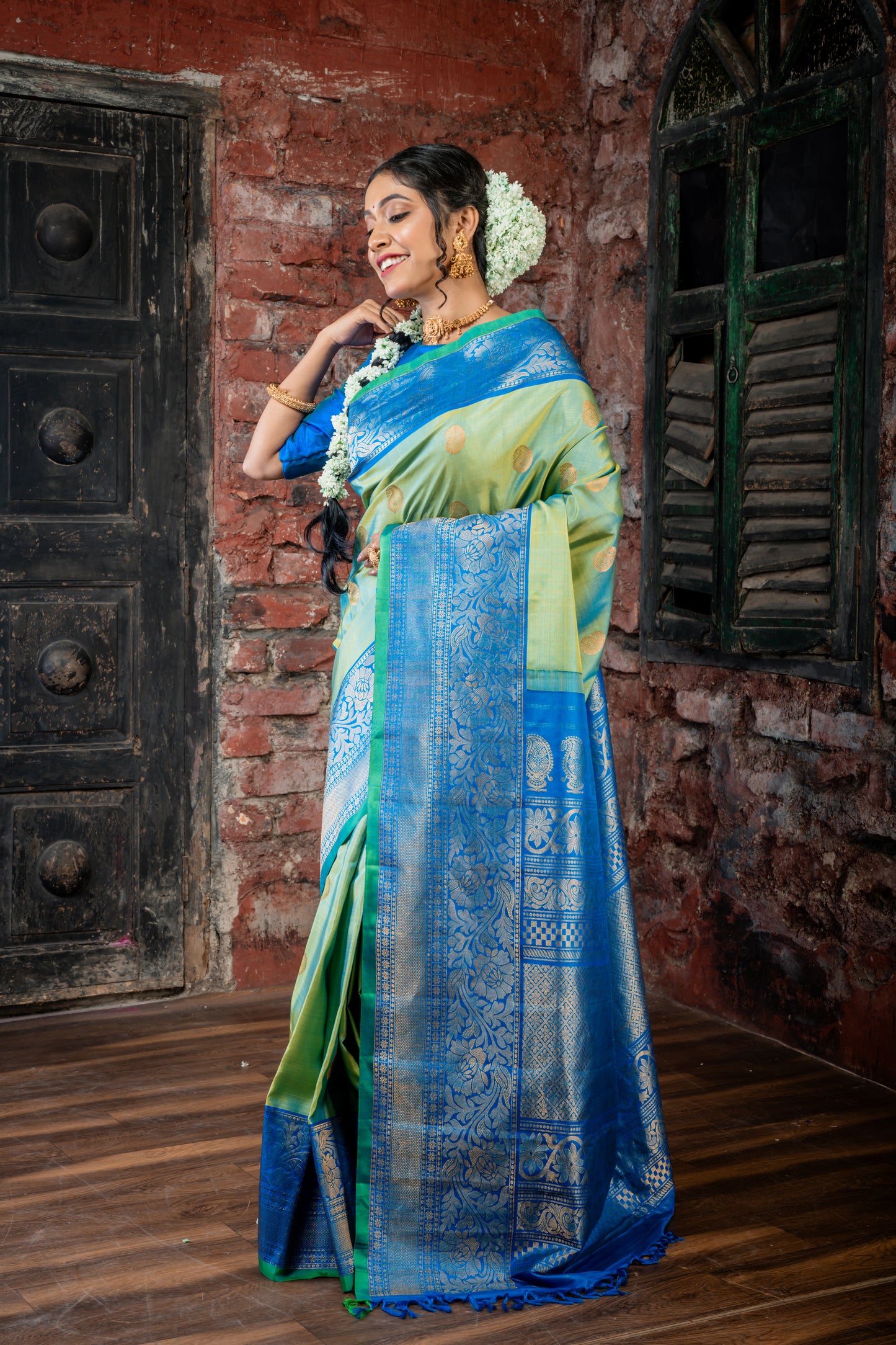 Olive Green, Gold Zari and Peacock Blue Pure Silk Gadwal