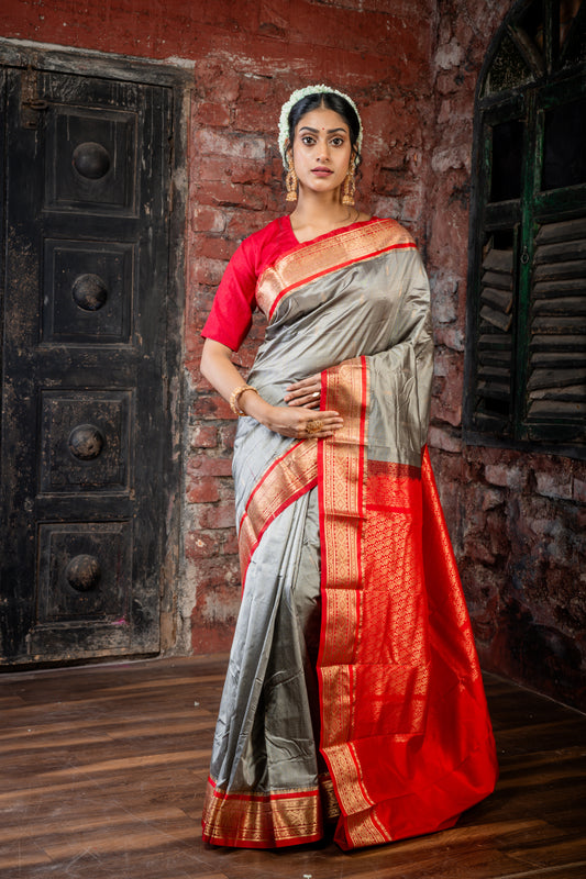 Steel Grey Kanjeevaram with Zari Buti, Red Gatti Border and Pallu