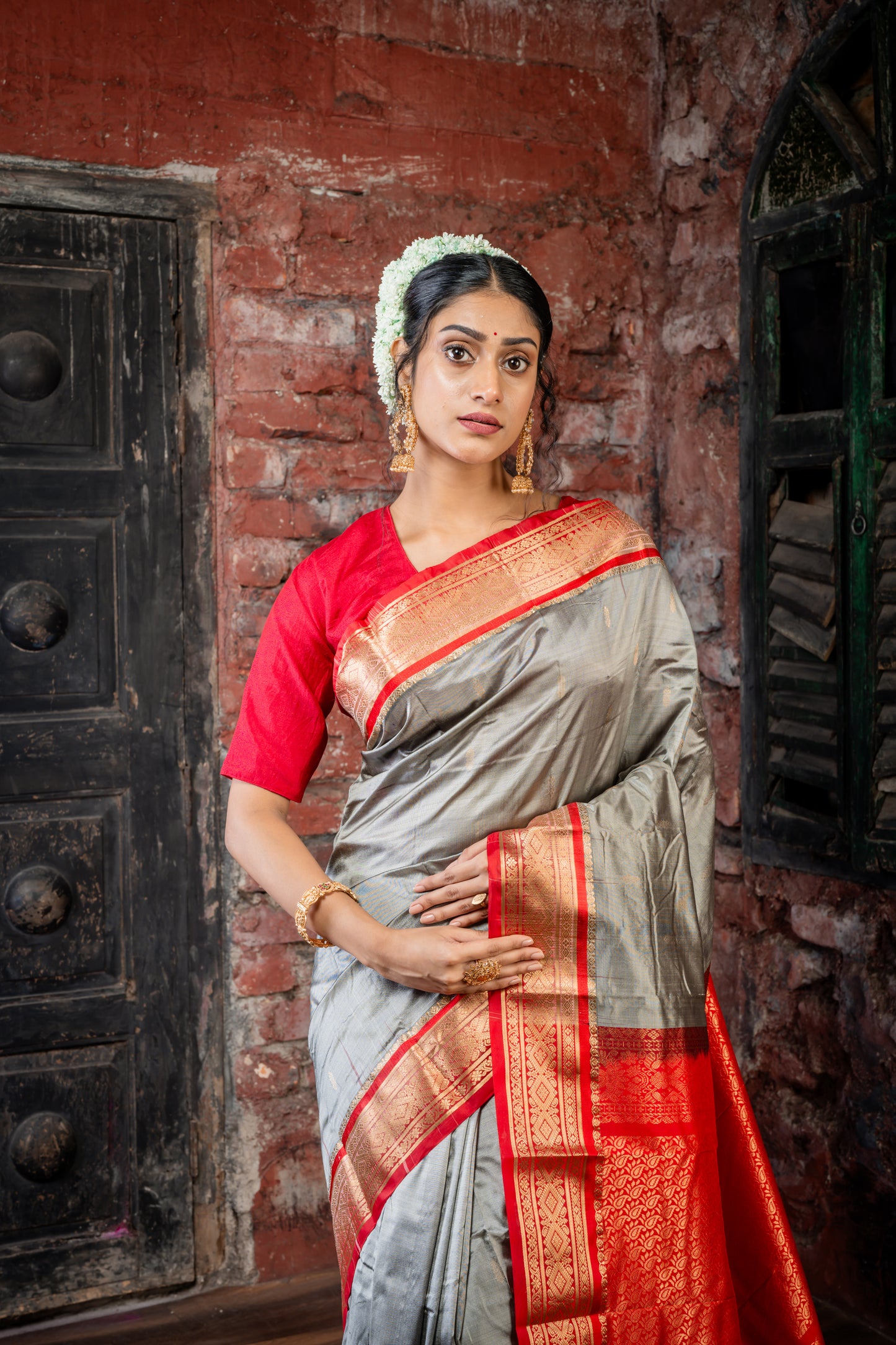 Steel Grey Kanjeevaram with Zari Buti, Red Gatti Border and Pallu