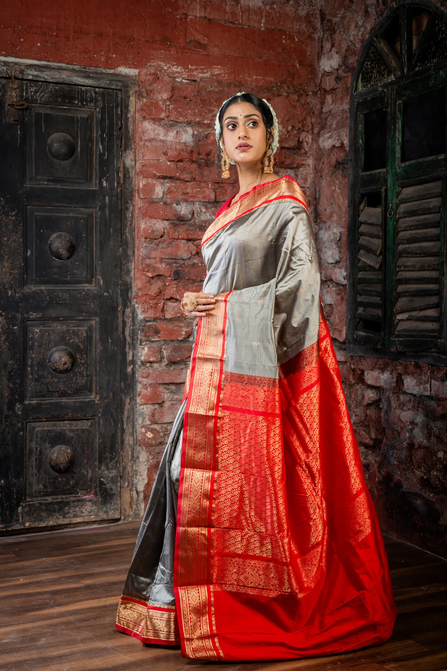 Steel Grey Kanjeevaram with Zari Buti, Red Gatti Border and Pallu