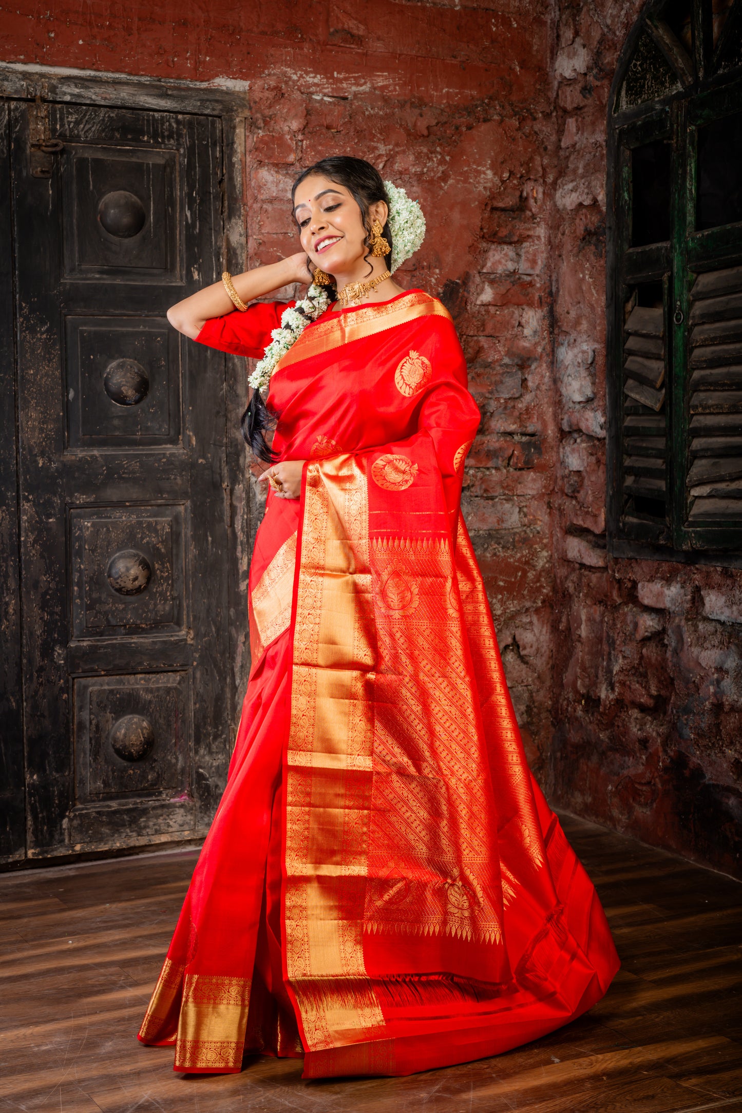 Bright Red Pure Silk with 'Abarani' Gold Zari Lotus Motif