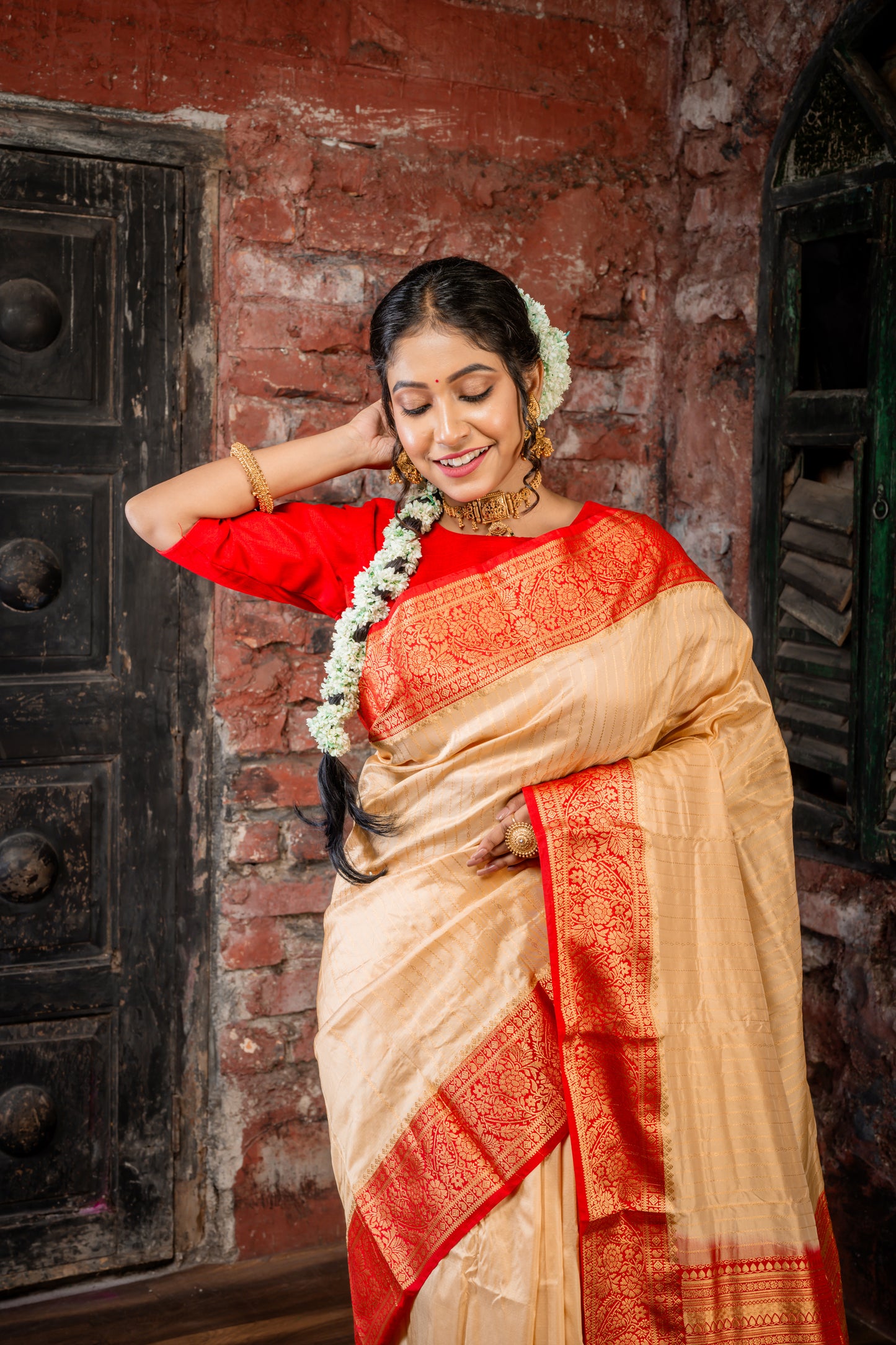 Golden Beige Kanchipuram Silk with Zari Stripe, Red Border and Pallu