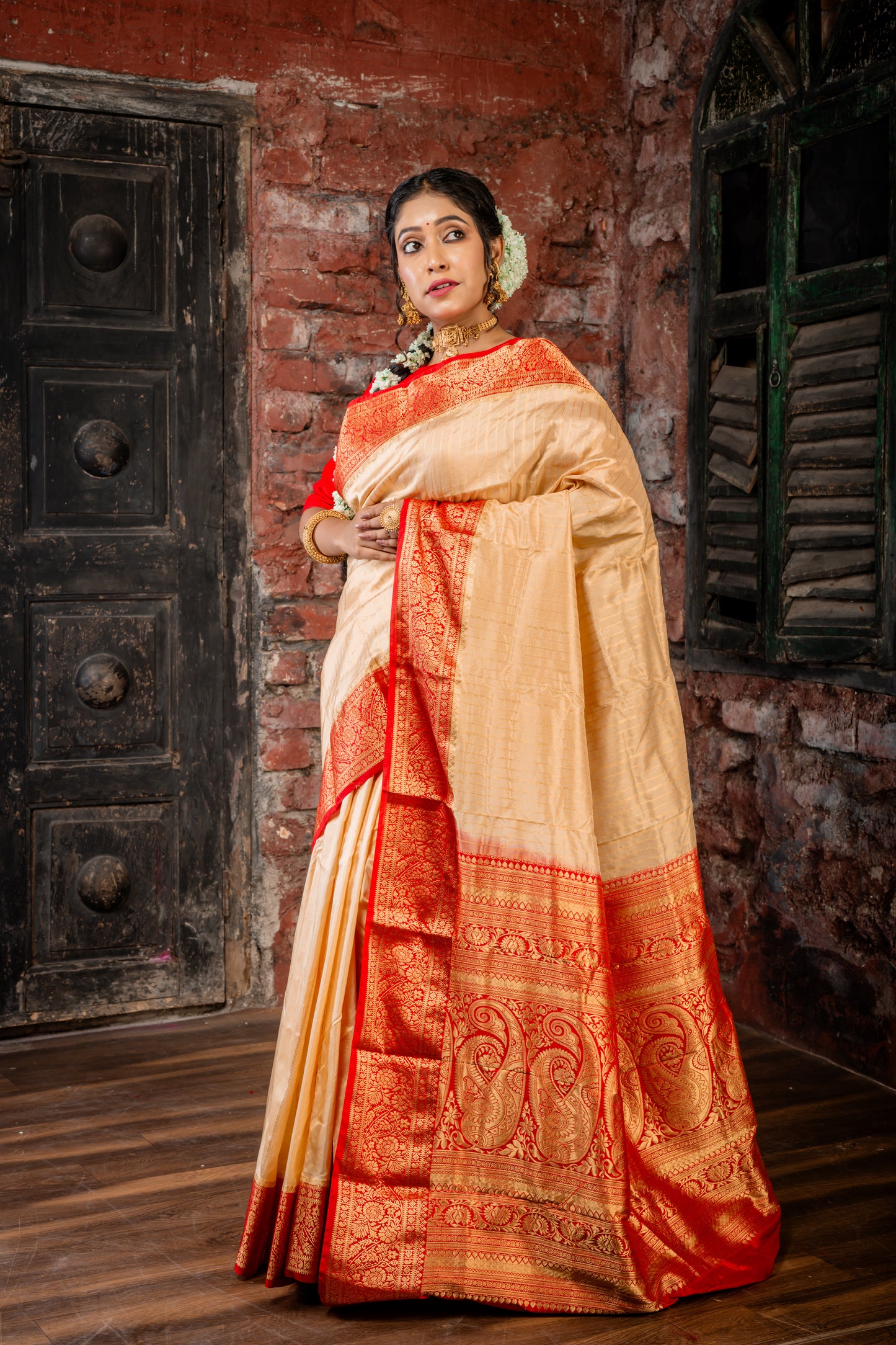 Golden Beige Kanchipuram Silk with Zari Stripe, Red Border and Pallu