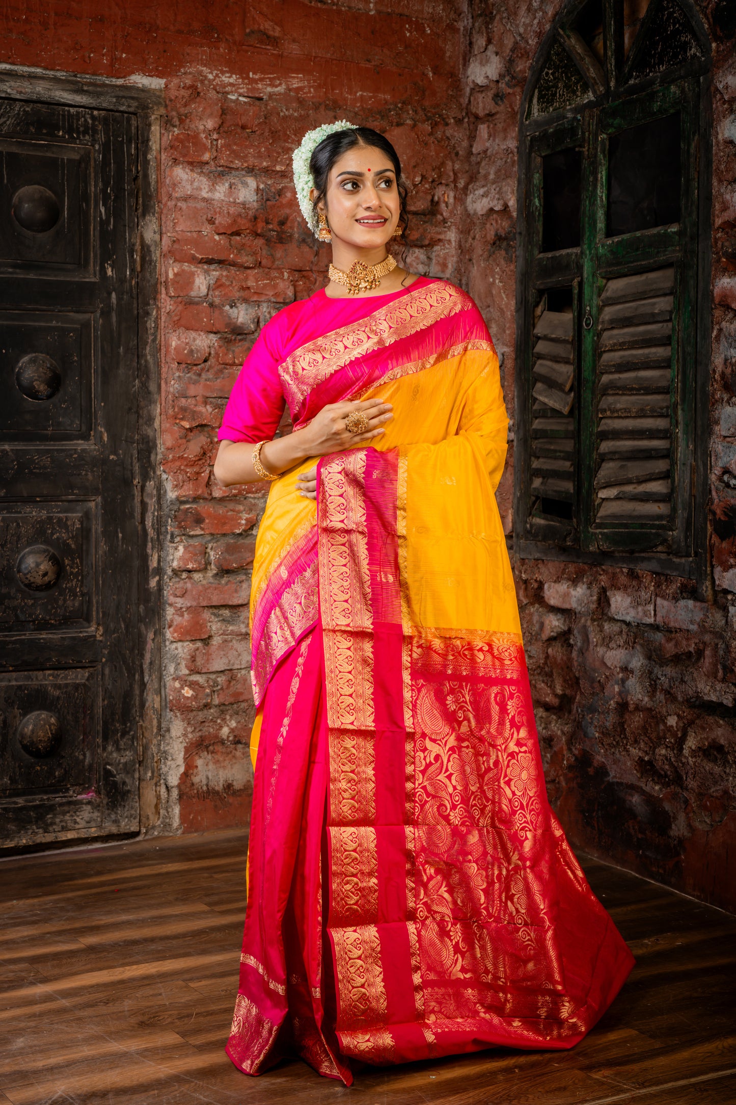 Turmeric Yellow Kanjeevaram with Hot Pink Patli Pallu