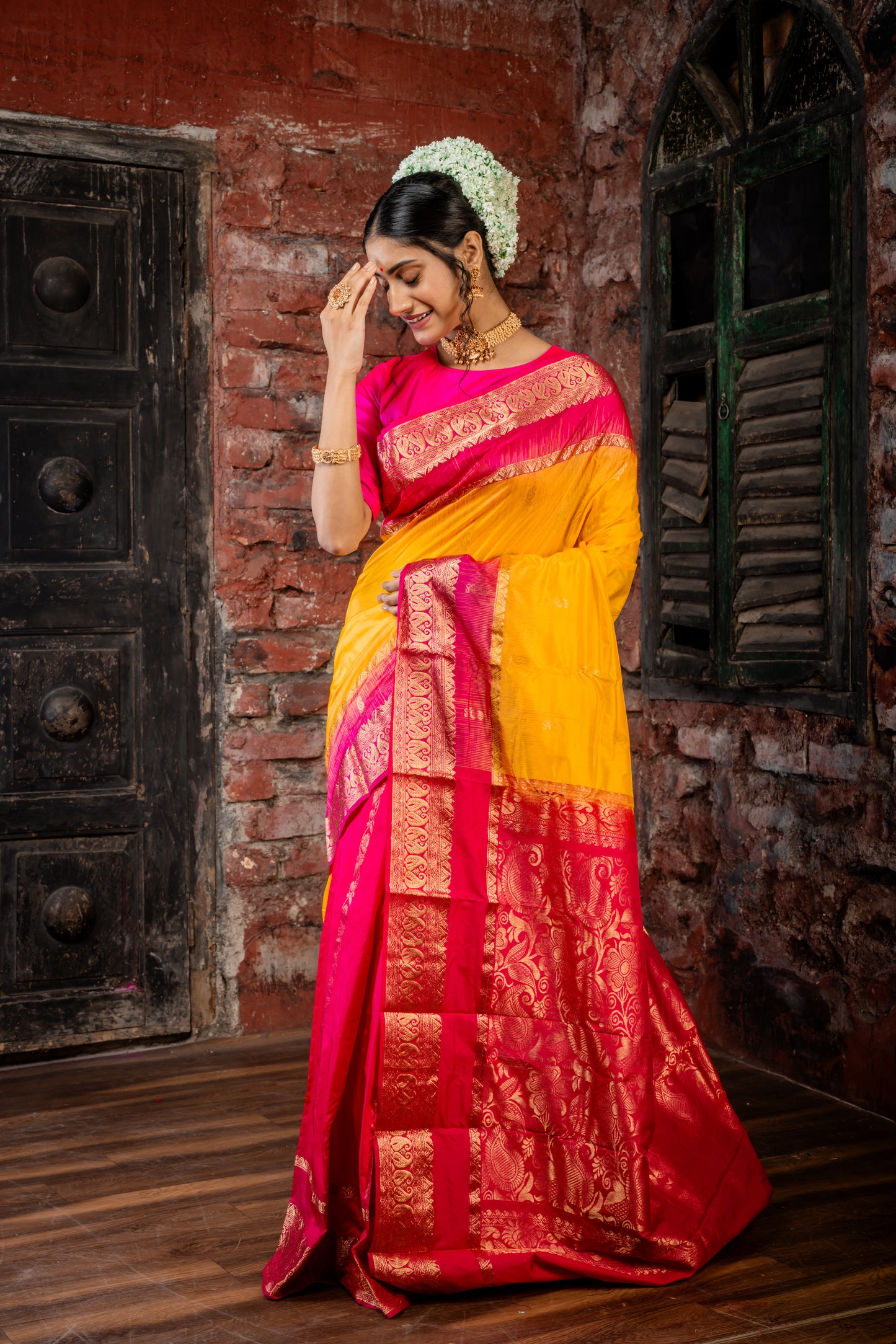 Turmeric Yellow Kanjeevaram with Hot Pink Patli Pallu