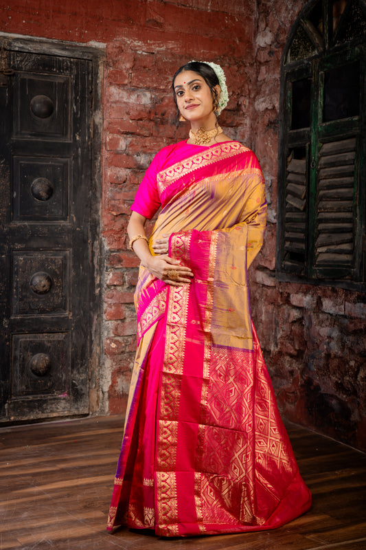 Golden Brown Kanjeevaram with Traditional Buti and Magenta Pink Patli Pallu