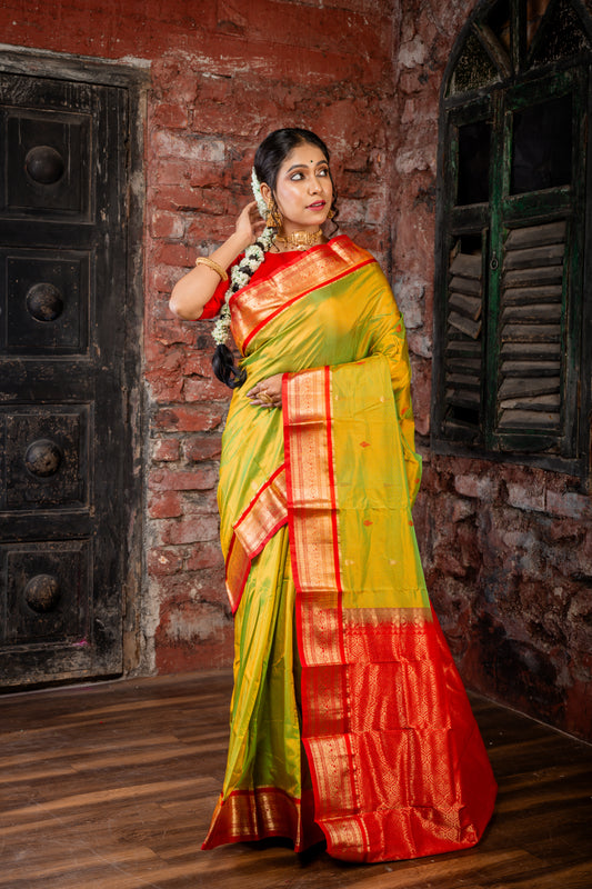 Parrot Green and Gold Dual Tone Kanjeevaram with Traditional Buti, Red Gatti Border and Pallu