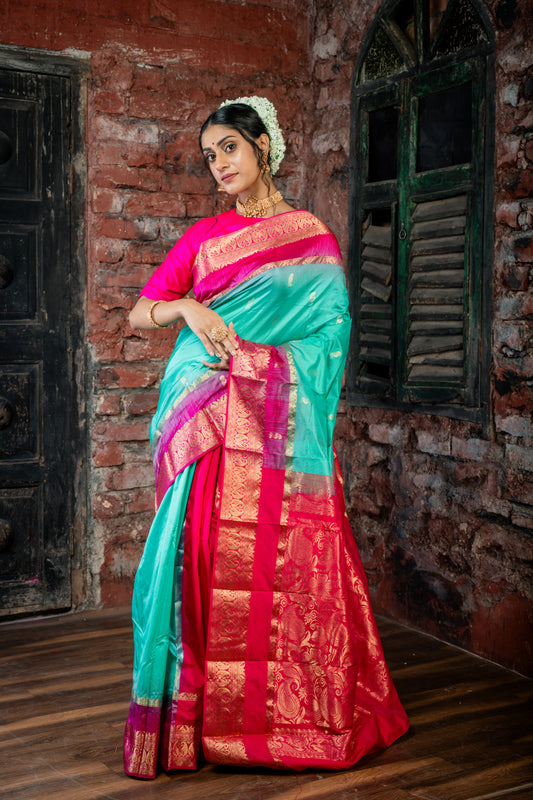 Sea foam Green Kanjeevaram with Hot Pink Patli Pallu