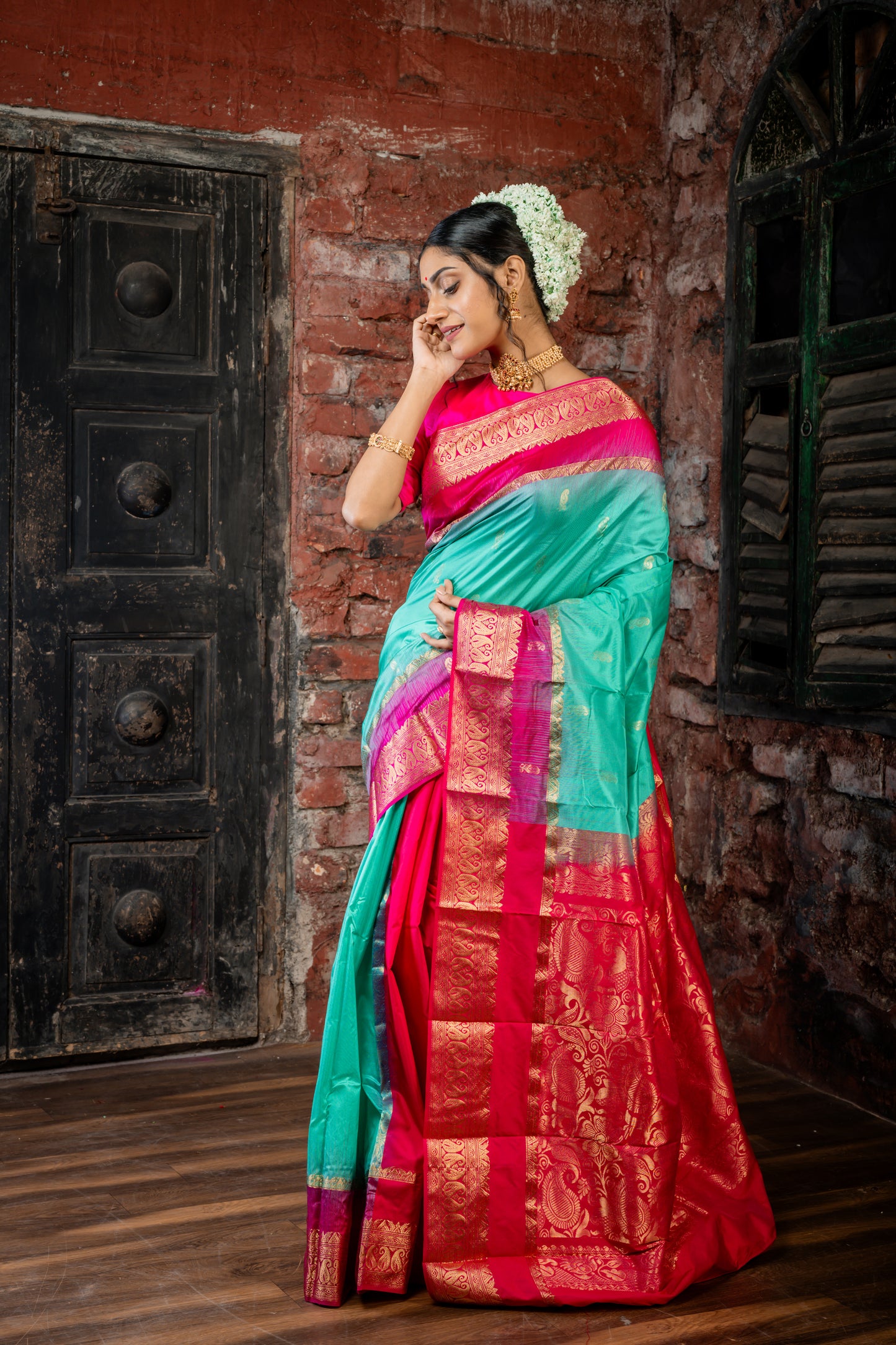 Sea foam Green Kanjeevaram with Hot Pink Patli Pallu