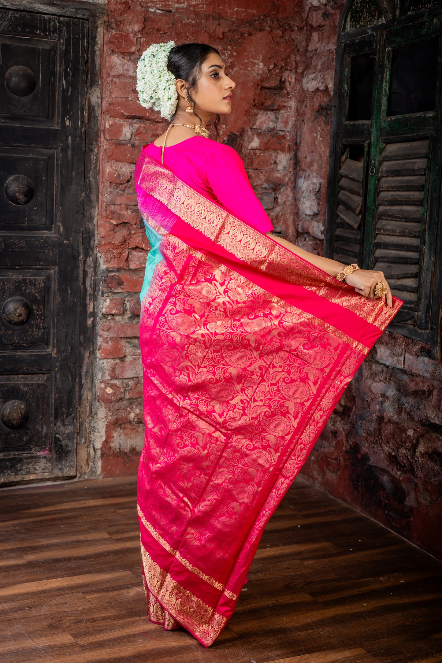 Sea foam Green Kanjeevaram with Hot Pink Patli Pallu