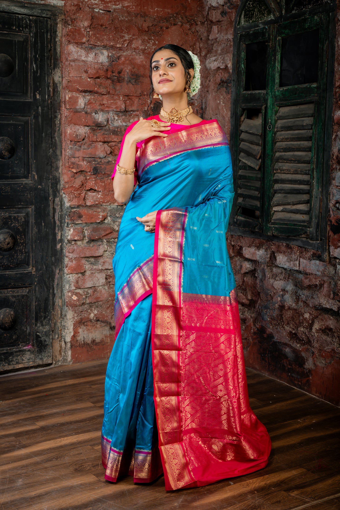 Turquoise Blue Kanjeevaram with Traditional Buti, Magenta Pink Gatti Border and Pallu